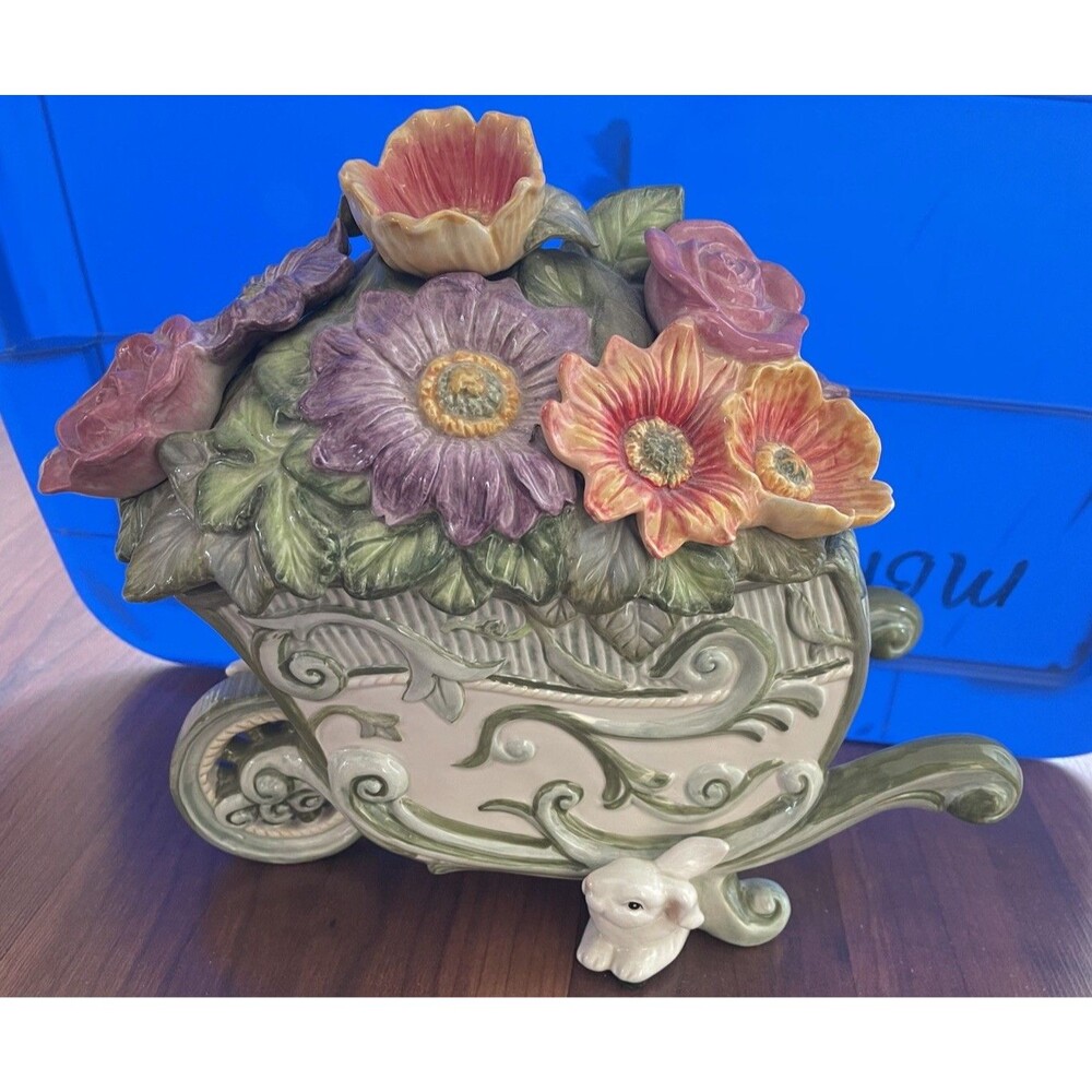 Fitz Floyd Madeline's Garden Ceramic Cookie Jar, Bunnies Wheelbarrow Flowers